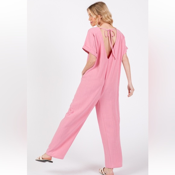 Solid Linen Short Sleeve V-neck Jumpsuit - Picture 5 of 5